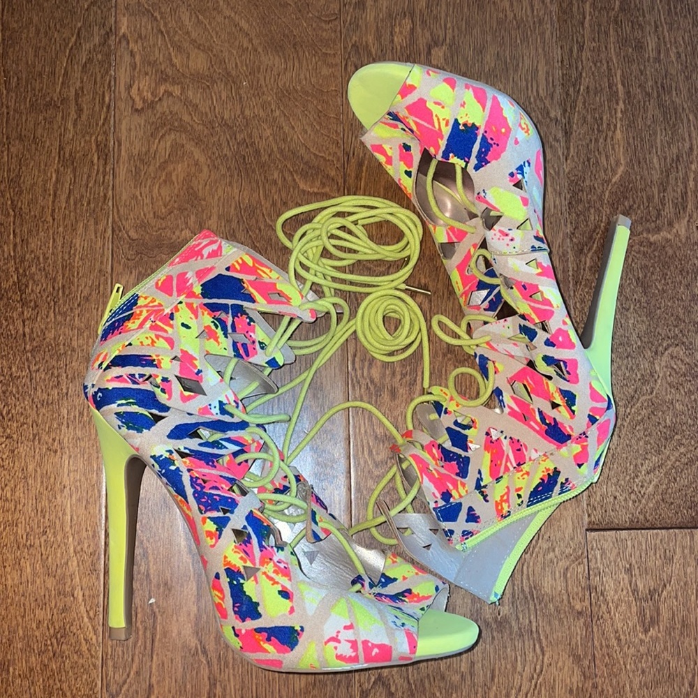 Neon Lace up high heels